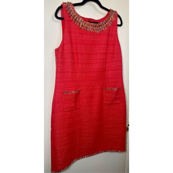 Talbots TEXTURED FRINGE-NECK SHIFT Red DRESS size 14 - Picture 7 of 14
